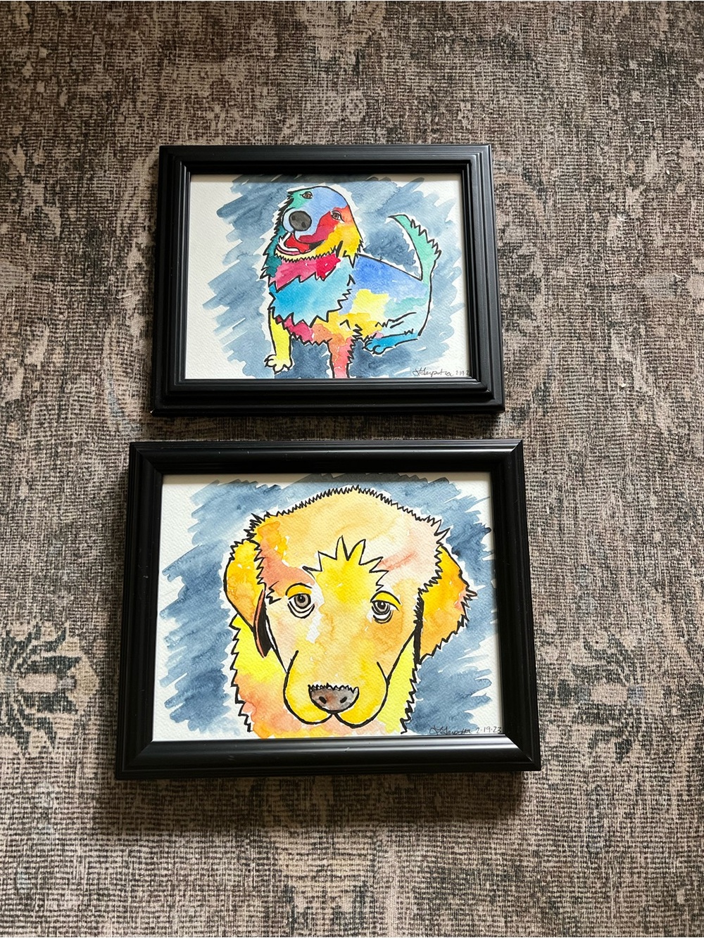 Pair of Original Signed Watercolor Dog Portraits | Framed | 2023 | Colorful